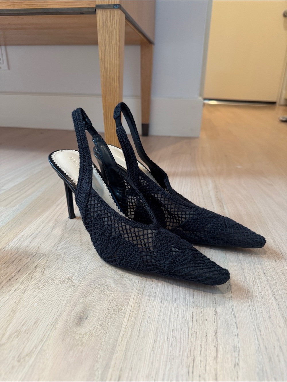 Meshki Black Mesh Slingback Pointed-Toe Heels